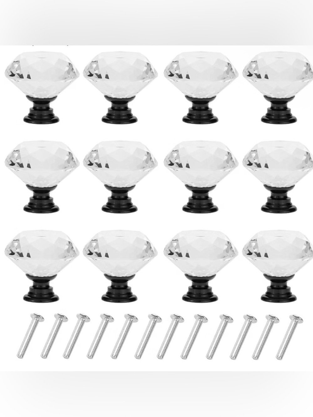 New Set of 12 Crystal Clear Diamond and Black 40mm Drawer Pulls Cabinet Knobs